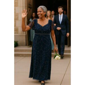 Adrianna Papell Navy Blue Embellished Wedding Dress